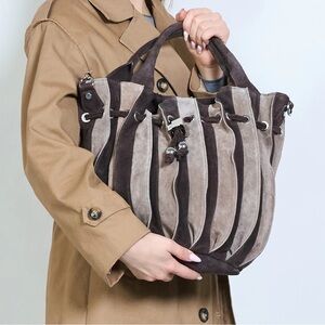 Elegant Suede Striped Tote Bag - Brown and Tan